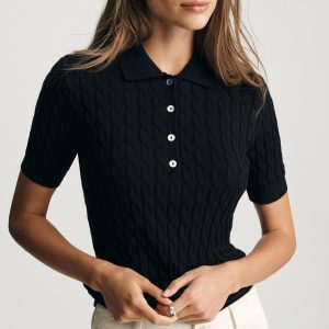 EDITION CABLE-KNIT POLO SWEATER IN BLACK