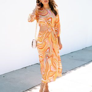 Annika Satin Marble Side Cutout Midi Dress